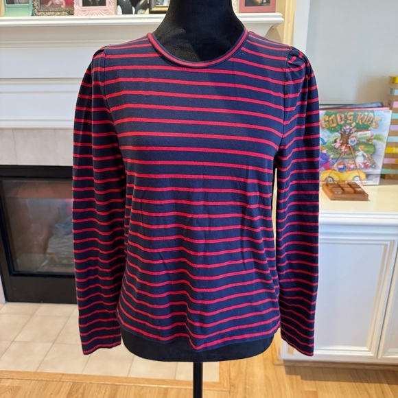 J. CREW Puffed Sleeve Navy and Red Striped Crewneck Top Size Medium VGUC - Picture 1 of 4